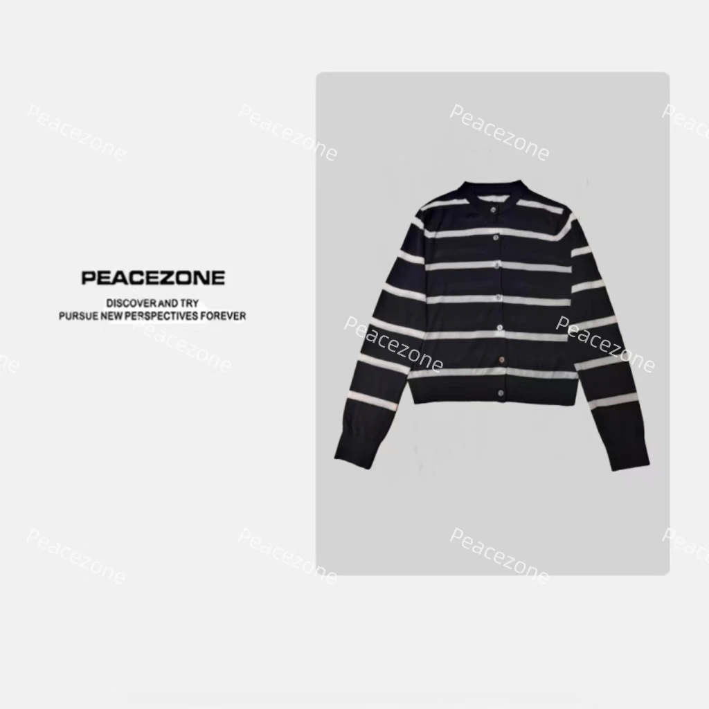 Peacezone【亚麻+天丝】法式复古简约蓝白间条防晒长袖圆领小开衫