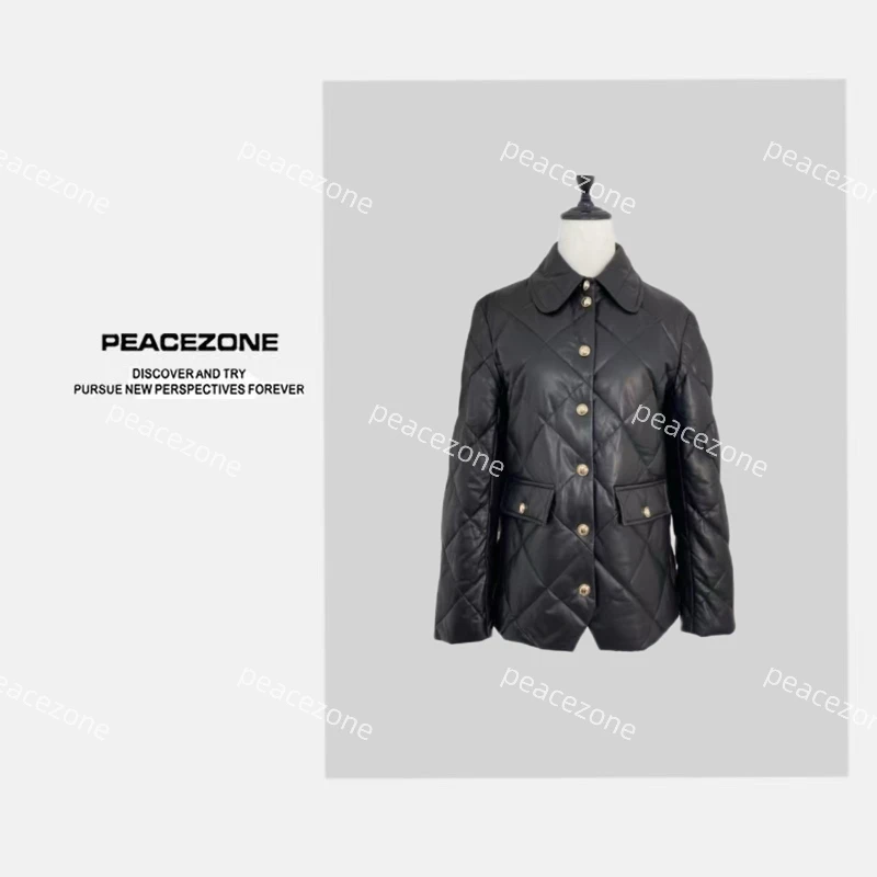 Peacezone 100羊皮+90白鹅绒 气质时尚百搭单排扣皮衣外套