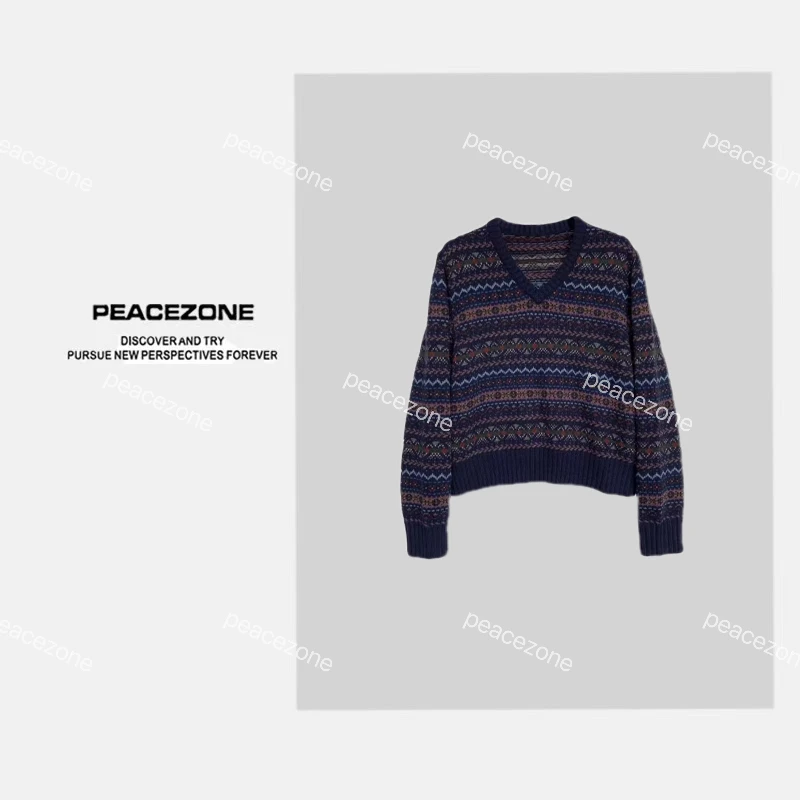 Peacezone【拉夫费尔岛】羊毛混纺费尔岛提花宽松V领毛衣