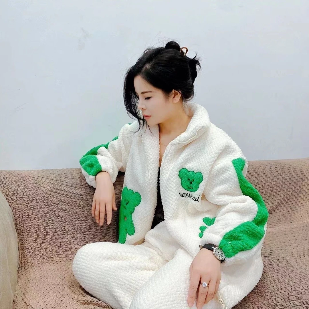 2025冬季新款睡衣女加厚羊羔绒休闲运动风家居服套装保暖可外穿