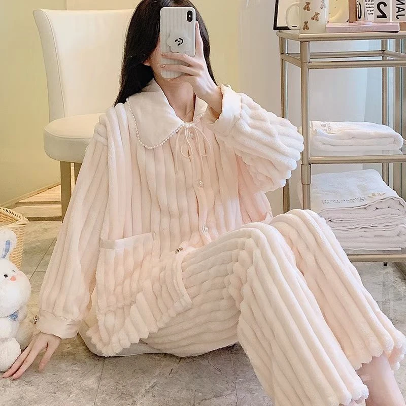 2023新款睡衣女秋冬款珍珠领小香风甜美可外穿家居服网红套装加绒