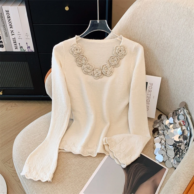 山茶花镂空编织毛衣2024秋季新品时尚洋气宽松显瘦喇叭袖针织上衣