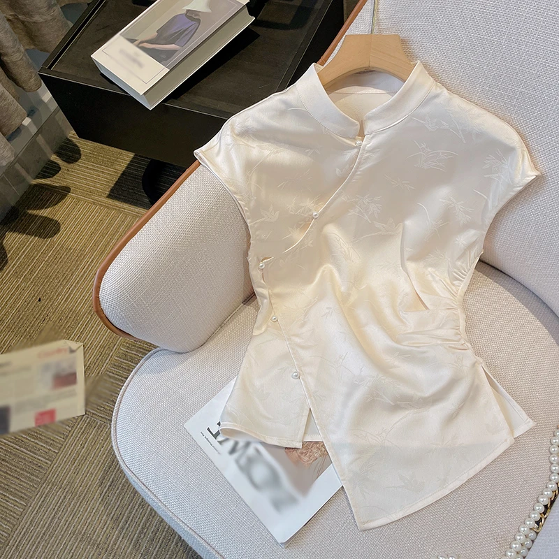 2025春夏季新品高级感缎面无袖民国风不规则修身显瘦旗袍气质衬衫