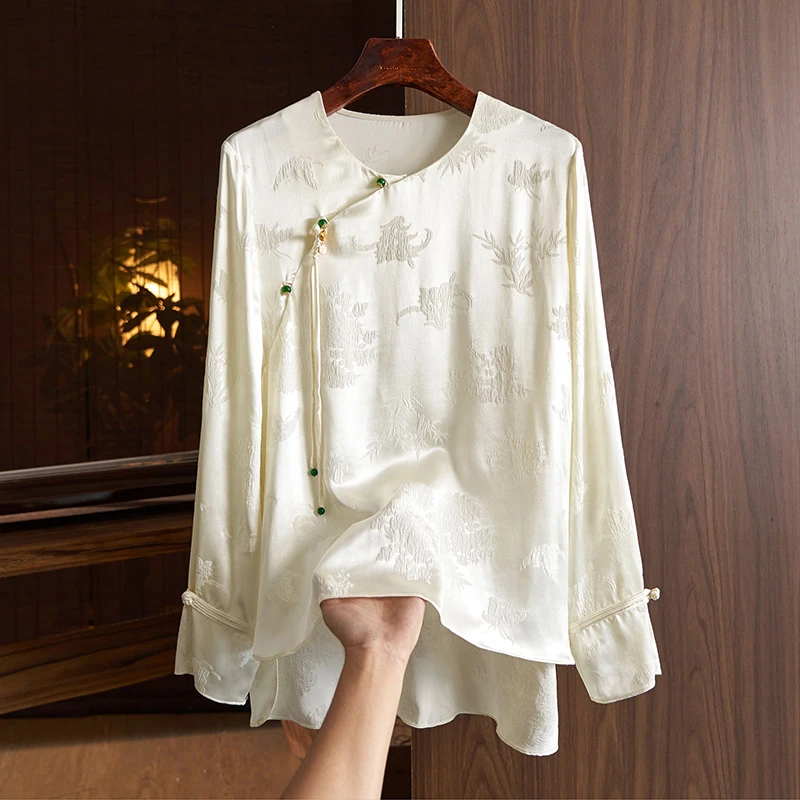 休闲简约高端提花春秋新款中式国风复古斜襟名媛显瘦气质衬衫上衣