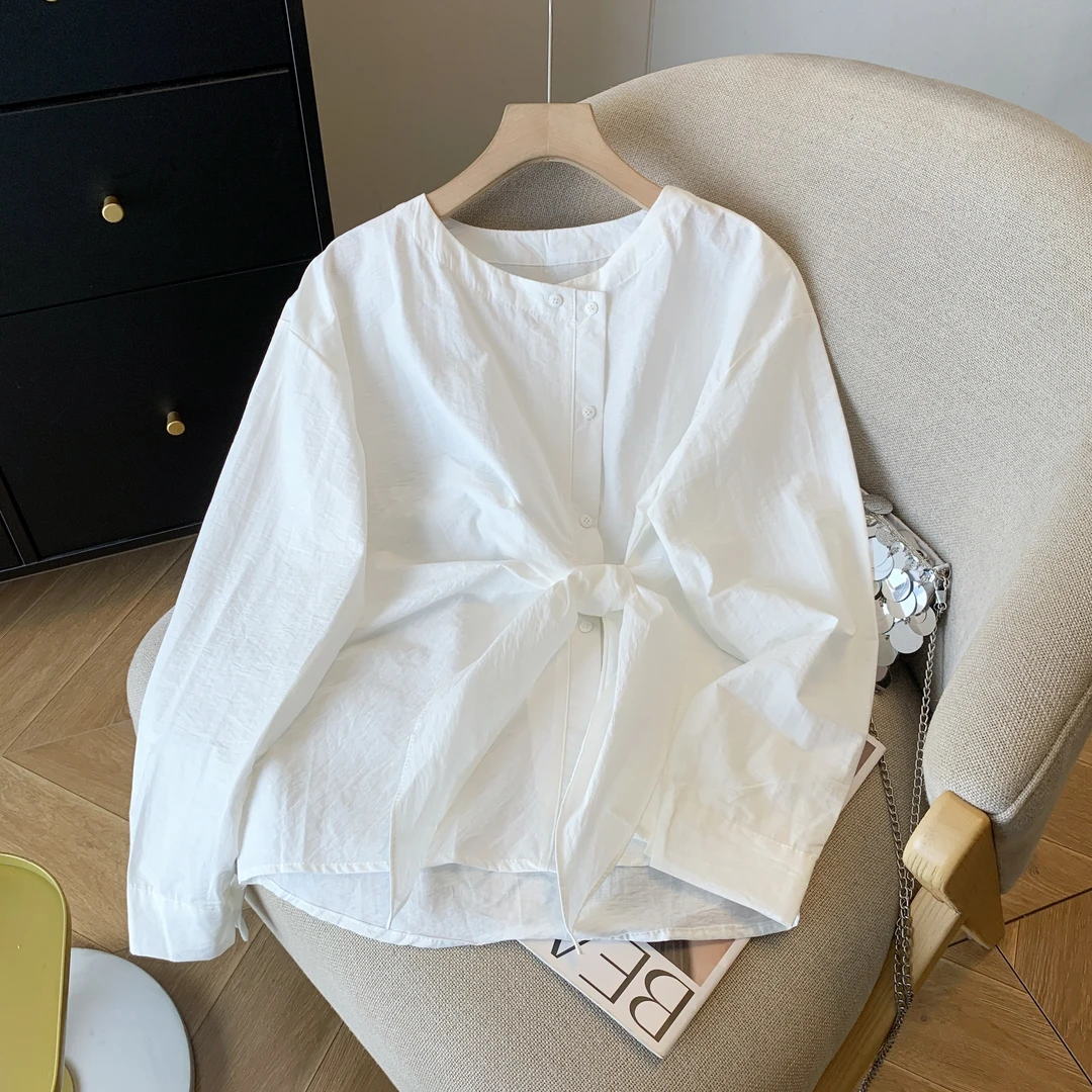 2025秋季新款法式圆领长袖秋设计感别致独特系带遮肉显瘦气质衬衣