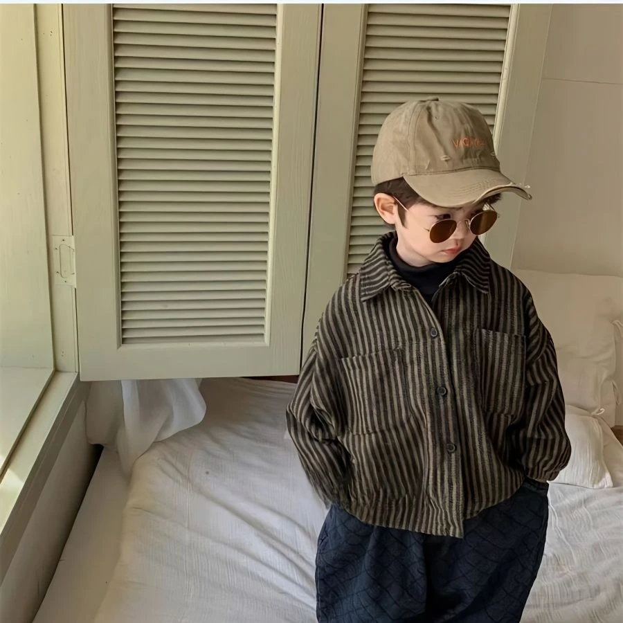 【冬季大促】男童新款秋冬装儿童加绒衬衫中小童森系复古竖条加厚