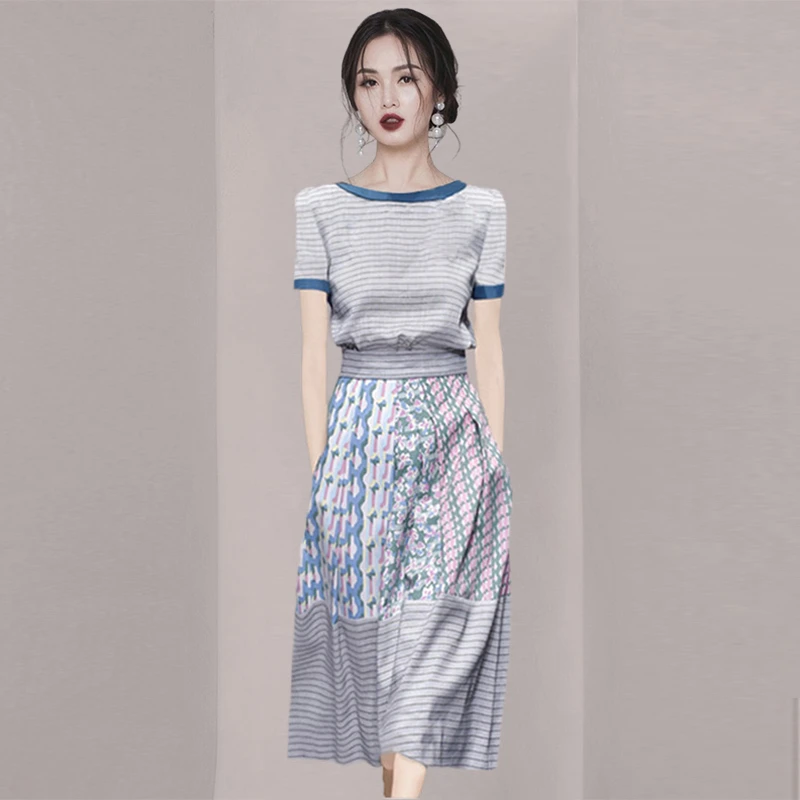 欧美条纹印花上衣大摆半身裙套装2025年夏装新款设计感小众两件套