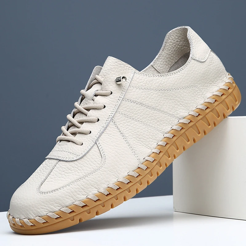 夏季头层牛皮韩版男士德迅鞋透气吸汗软底豆豆鞋无胶水手工缝包