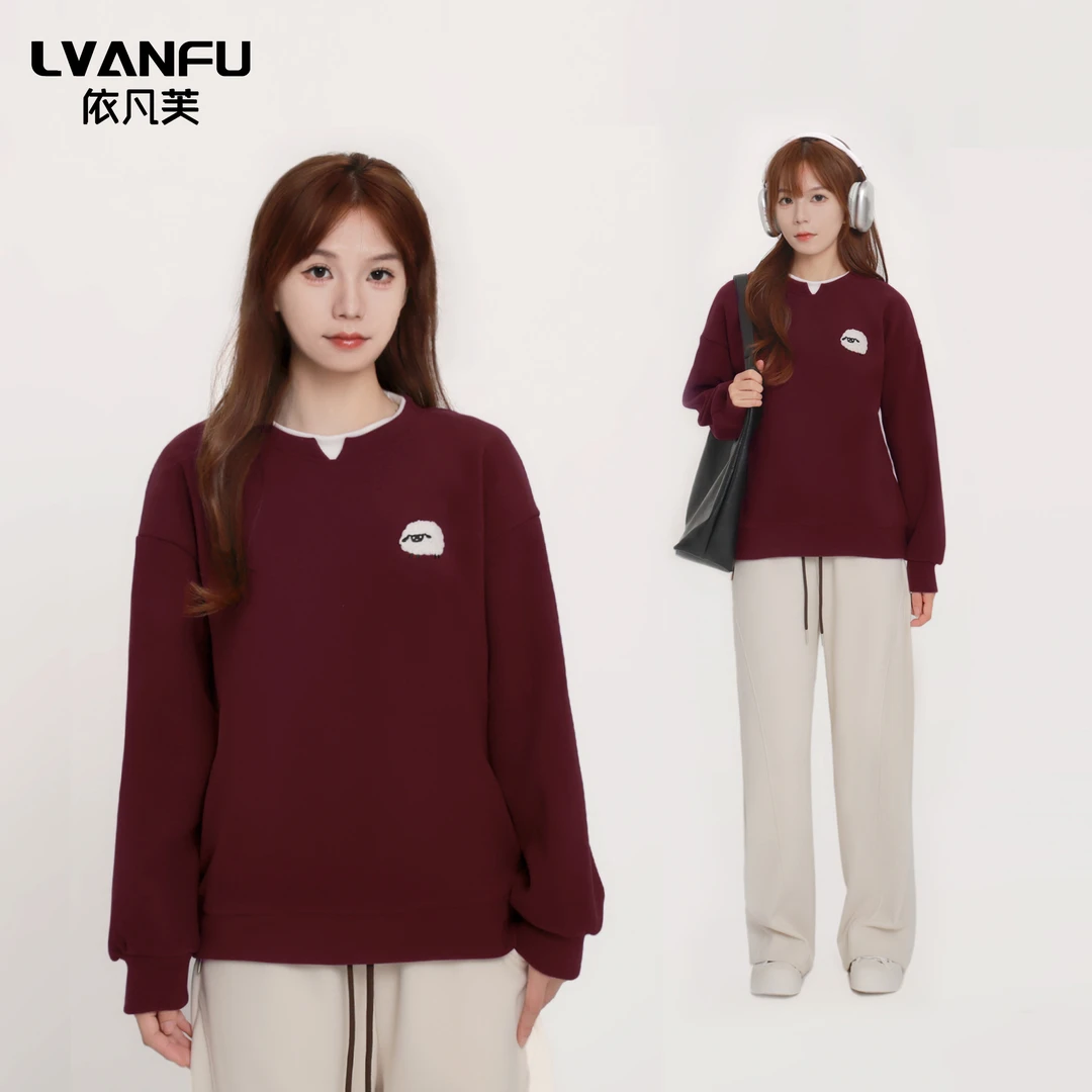 【多拉专属】假两件撞色T小羊刺绣宽松亲肤冬款加绒女卫衣JY502A