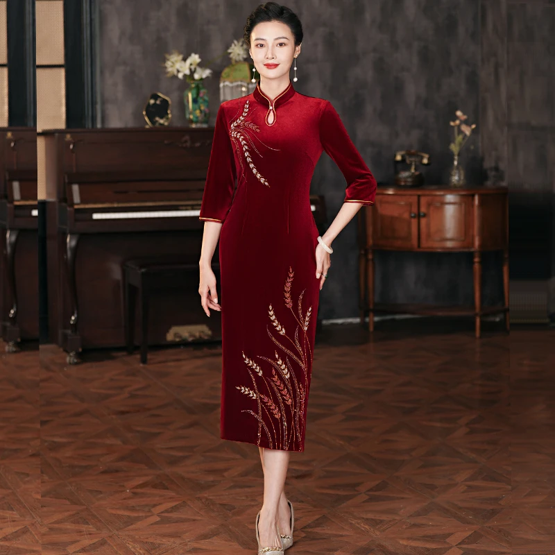 国庆儿子结婚妈妈礼服高档金丝绒旗袍中长款年轻洋气喜婆婆婚宴装