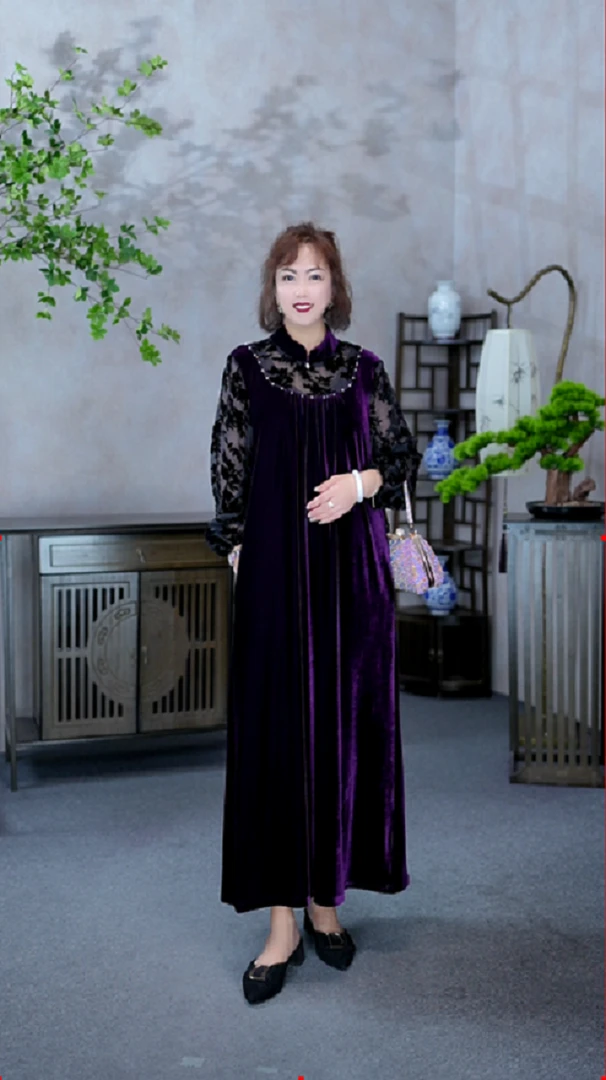 【MIAOCI】L9390时尚显瘦洋气轻奢气质款串珠烧花丝绒连衣裙