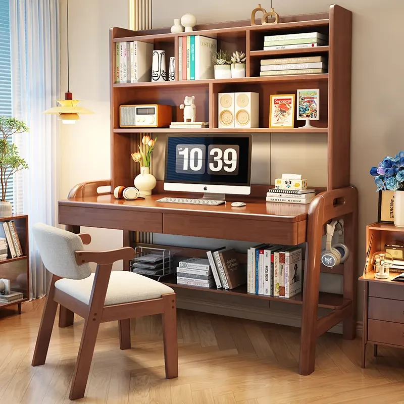 实木书桌高书架一体电脑桌椅书房学生写字台桌简约升降专用学习桌