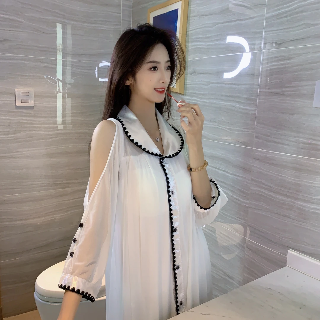 网纱翻领带胸垫露肩开衫家居服洋气睡裙