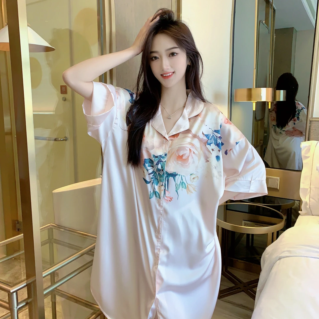 【锦上添花】冰雪丝薄款轻奢牡丹花宽松家居服睡裙