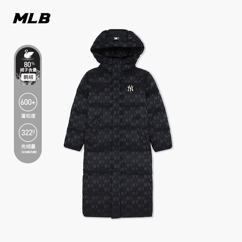 MLB官方好羽绒男女情侣鹅绒满印老花时尚长款连帽羽绒服新款DJM21