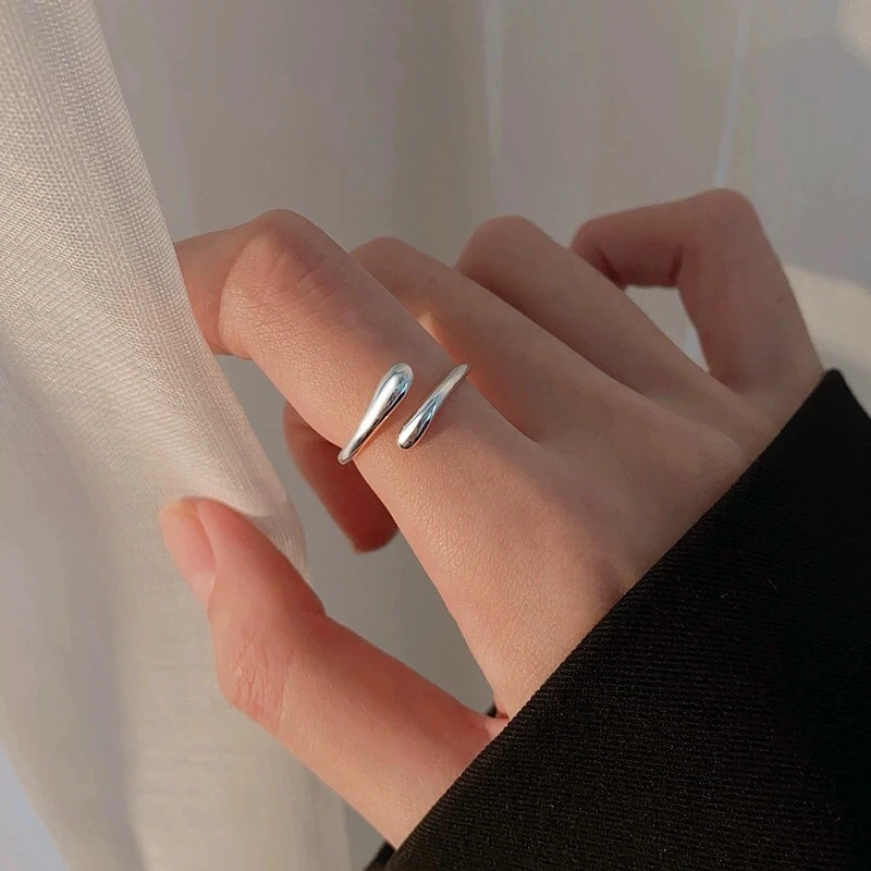 足银戒指 足银990水滴形开口戒女小众设计简约（寸小姐）食指