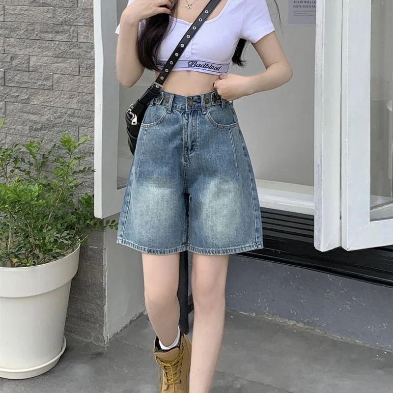 alo牛仔裤女夏天薄款宽松版高腰中裤松紧腰收腹显瘦A字外穿五分裤