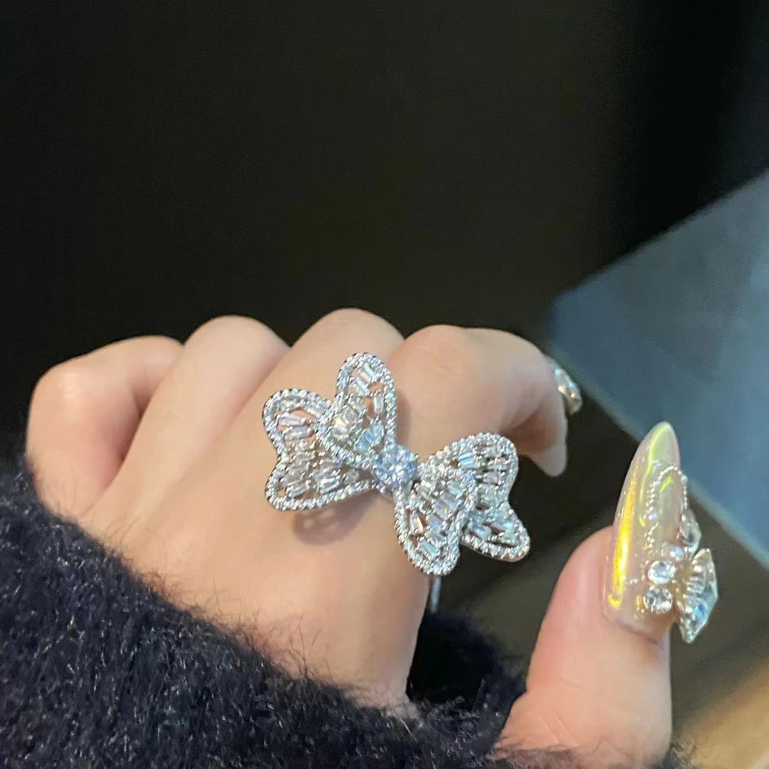 合金布艺耳饰 甜美满锆ins蝴蝶结戒指小众蝴蝶戒指choker项链轻奢