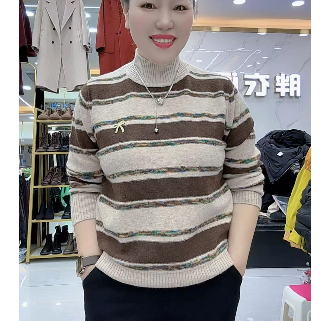 秋冬新款半高领加厚条纹针织衫女宽松长袖毛衣内搭1922