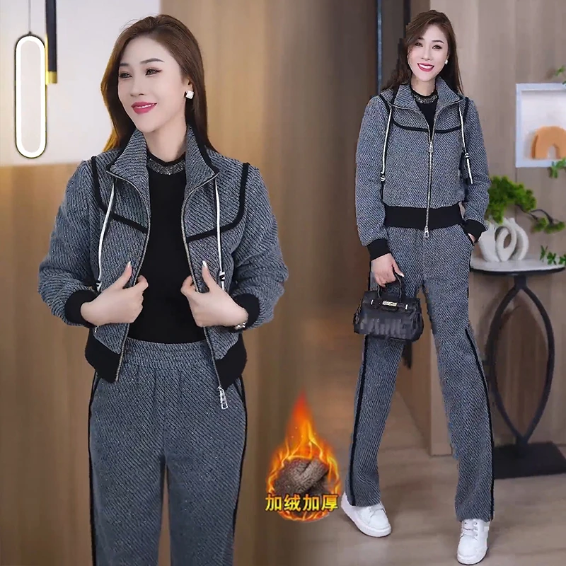 加绒加厚时尚休闲套装女2024冬季新款洋气质短款外套阔腿裤两件套
