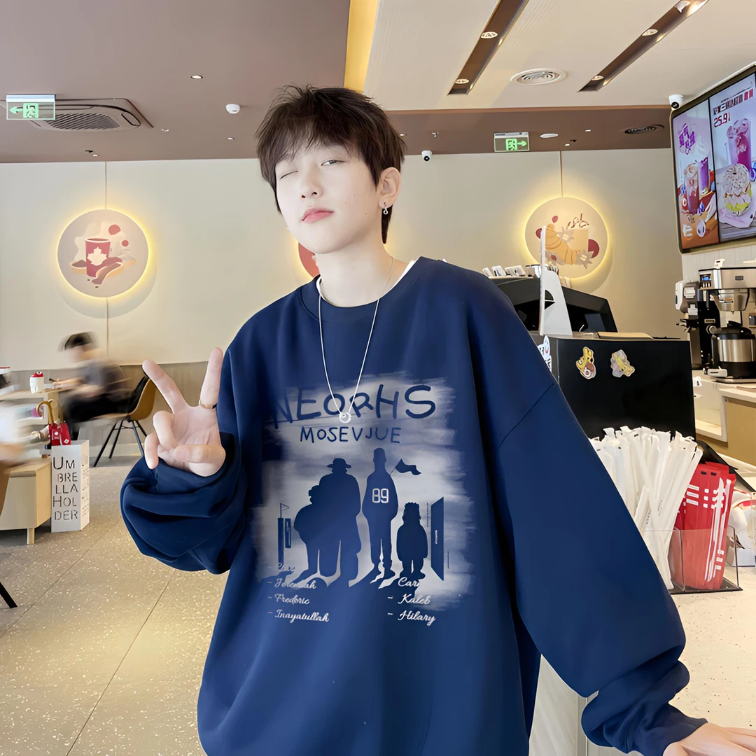 圆领卫衣男新款潮牌长袖上衣宽松加绒中性风青少年休闲百搭外套