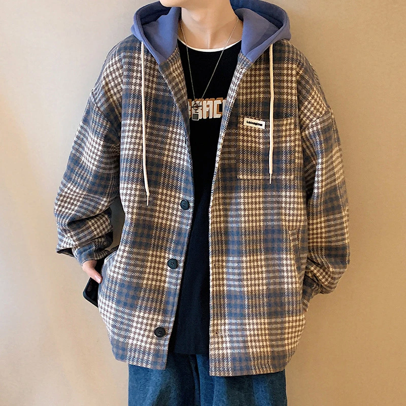 格子连帽外套男士春秋季2023新款男生复古夹克情侣装潮牌休闲衣服