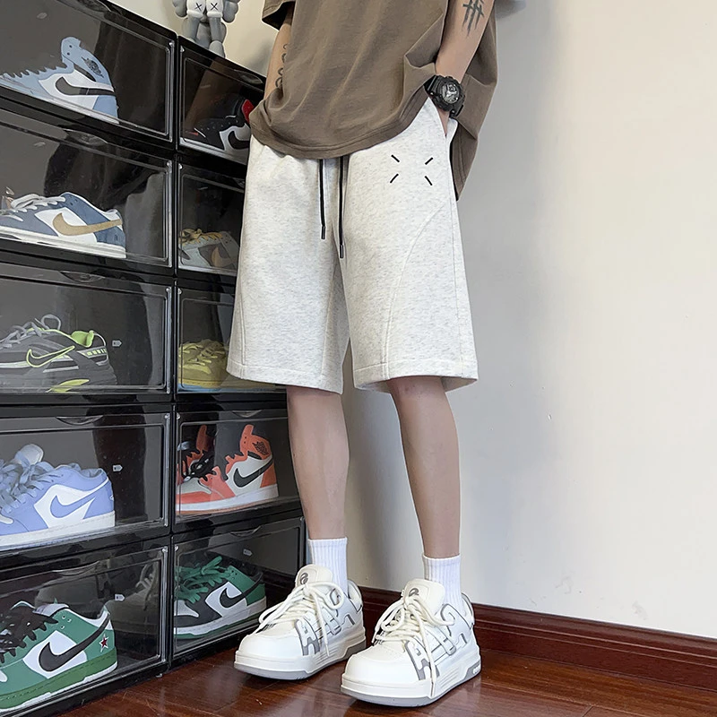 马吉拉刺绣重磅休闲裤男夏季宽松拼接运动中裤潮美式休闲五分裤子