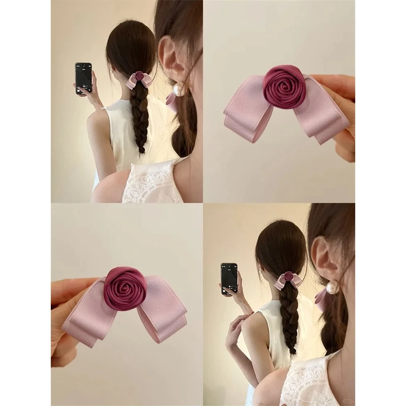 网红树莓粉手作玫瑰蝴蝶结边夹鸭嘴夹发夹玫瑰发饰少女粉小众设计