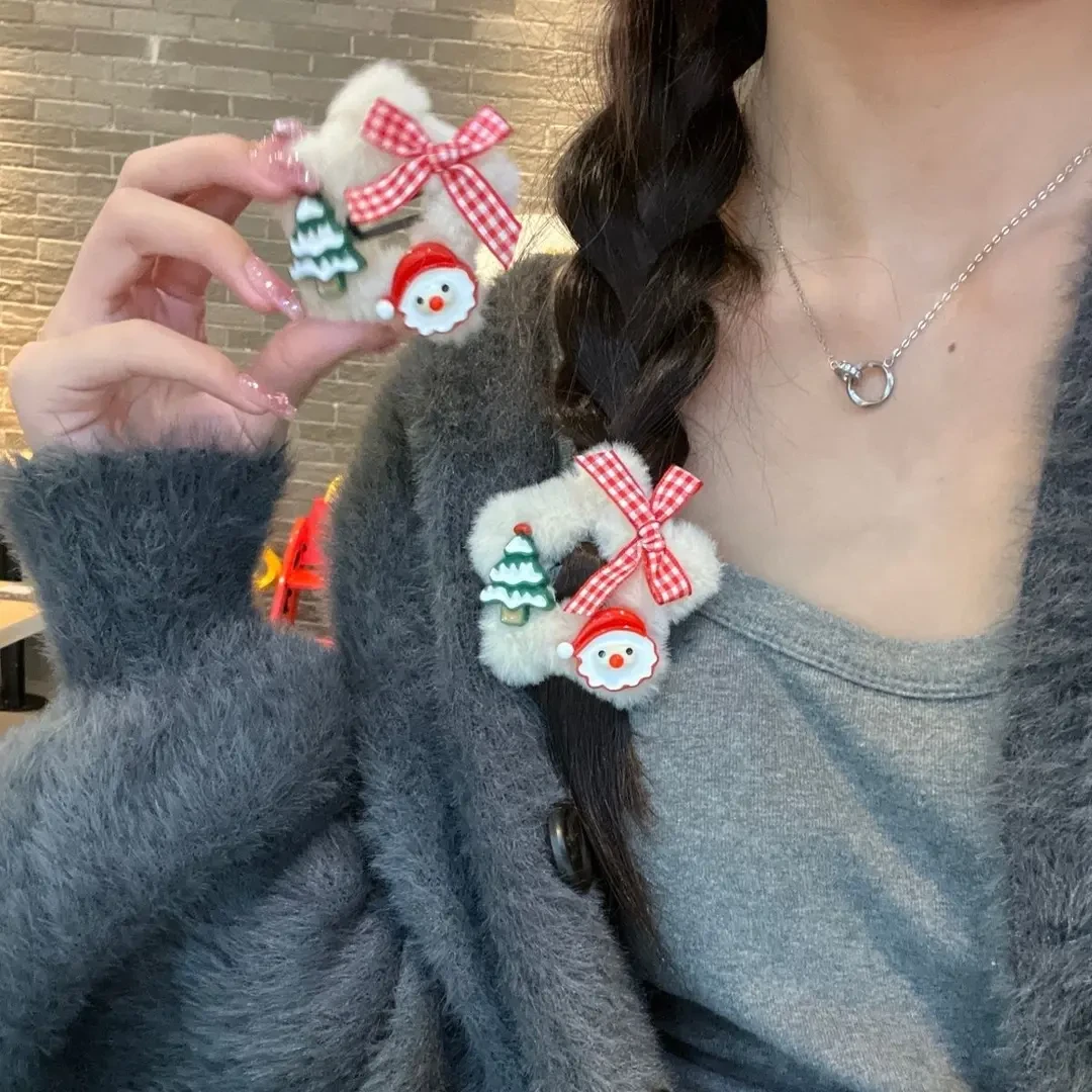 圣诞款毛绒绒五角星发夹少女心卡通节日圣诞老人麋鹿边夹秋冬发饰