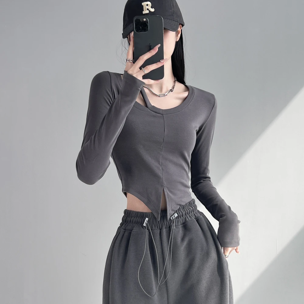 《下摆开叉》欧美风弹力健身运动上衣女2023春季紧身短款长袖T恤