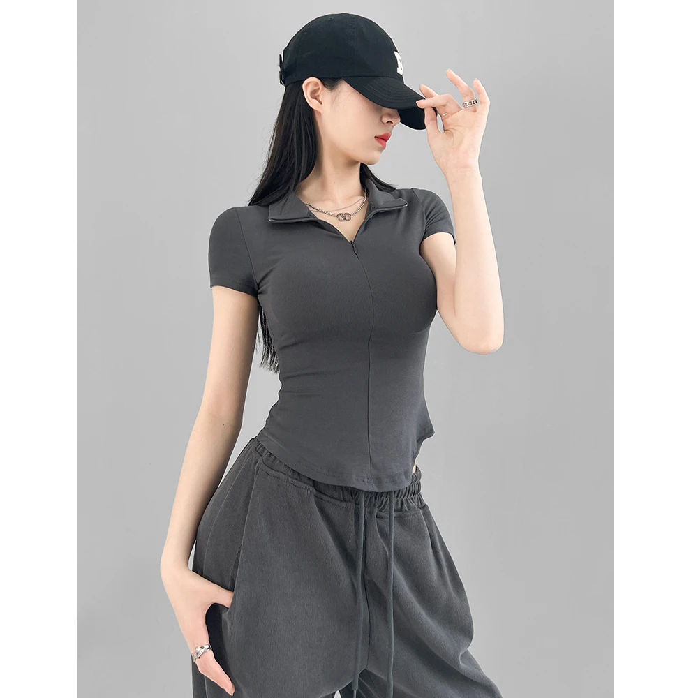 《显瘦百搭》法式性感翻领短袖T恤女夏季新款设计感辣妹收腰上衣