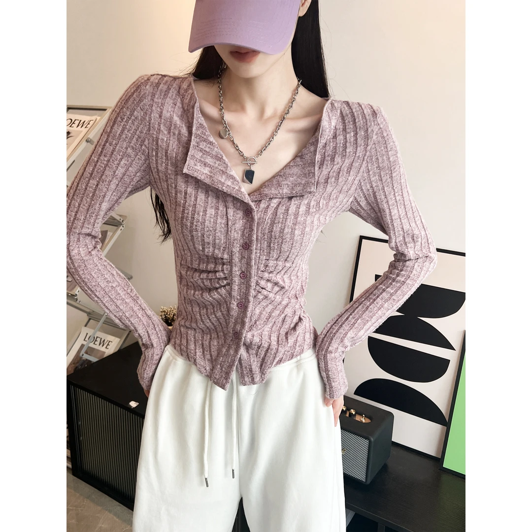 动感少女欧美辣妹收腰褶皱长袖2023秋季修身气质单排扣针织开衫