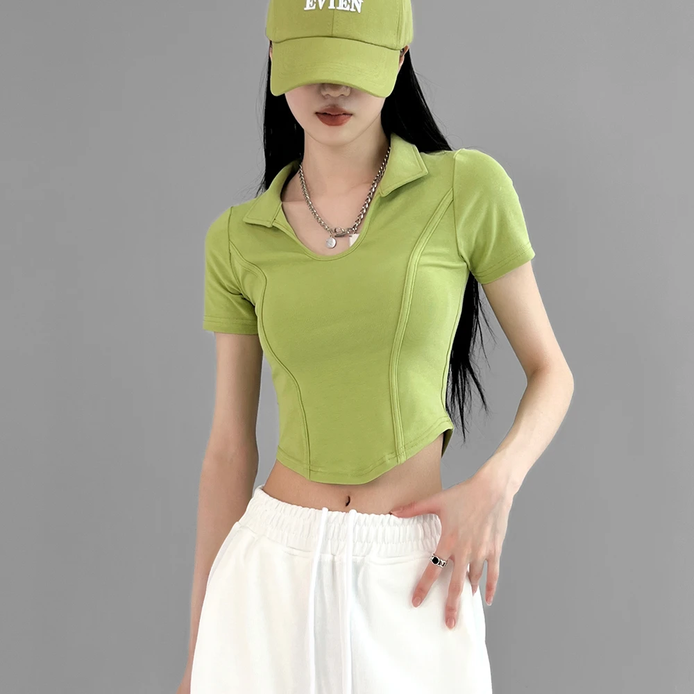 《显白显瘦》欧美风绿色翻领短袖T恤女2023夏季纯色弧形短款上衣