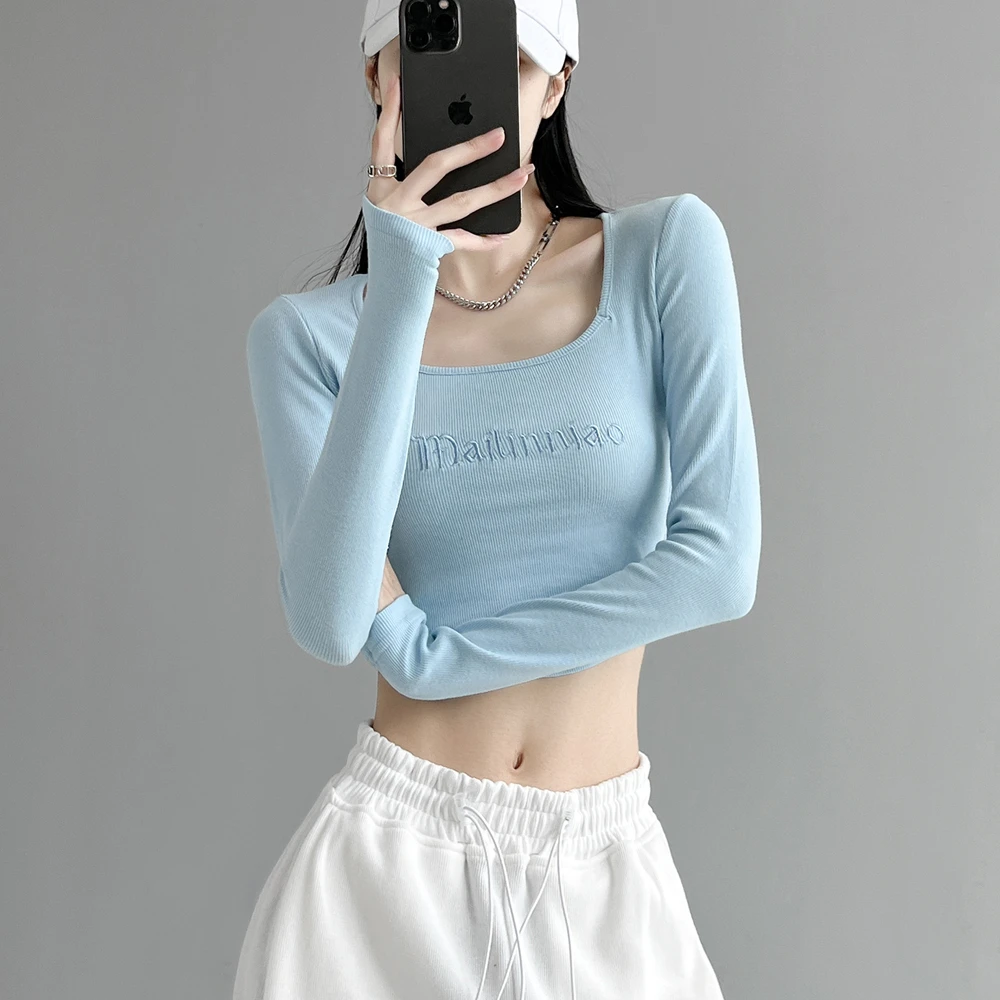 动感少女高腰露脐长袖方领T恤上衣2023秋季新款字母刺绣打底衫