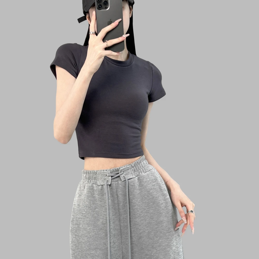 《圆领紧身》辣妹短袖T恤女2023夏季欧美风纯色弹力修身短款上衣