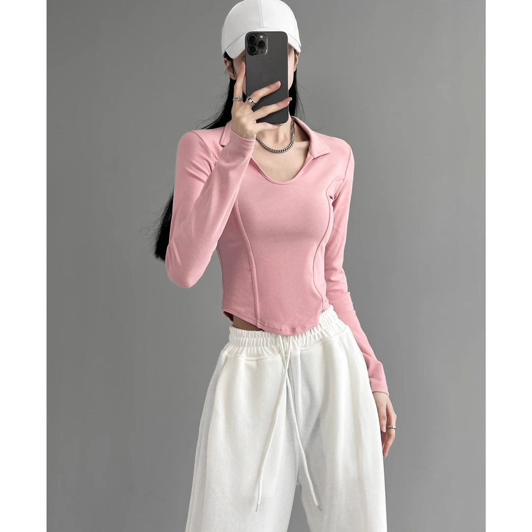 8316#爆款 弧形显瘦长袖T恤女欧美风POLO领设计感打底衫辣妹上衣