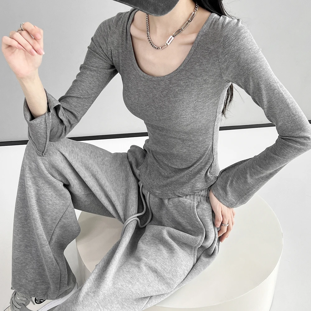 动感少女辣妹风2023秋季新款欧美风紧身内搭喇叭袖打底衫上衣
