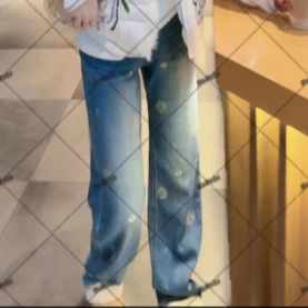 清货 国潮刺绣牛仔高腰直筒裤冬季6238-1时尚潮流宽松百搭显瘦女