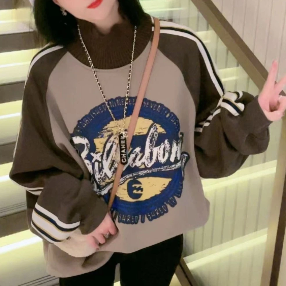 清货  小众针织高领拼接卫衣36882字母印花拼色时尚百搭上衣女