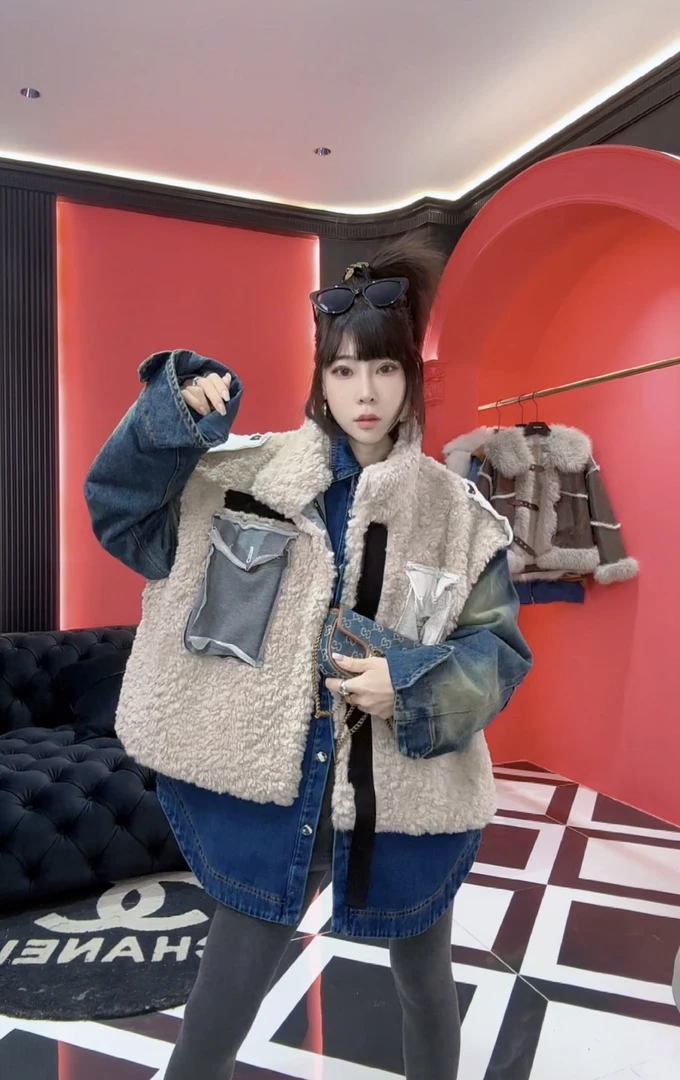 2024秋冬季欧货女装新款立领牛仔拼接夹克百搭高级感长袖外套012