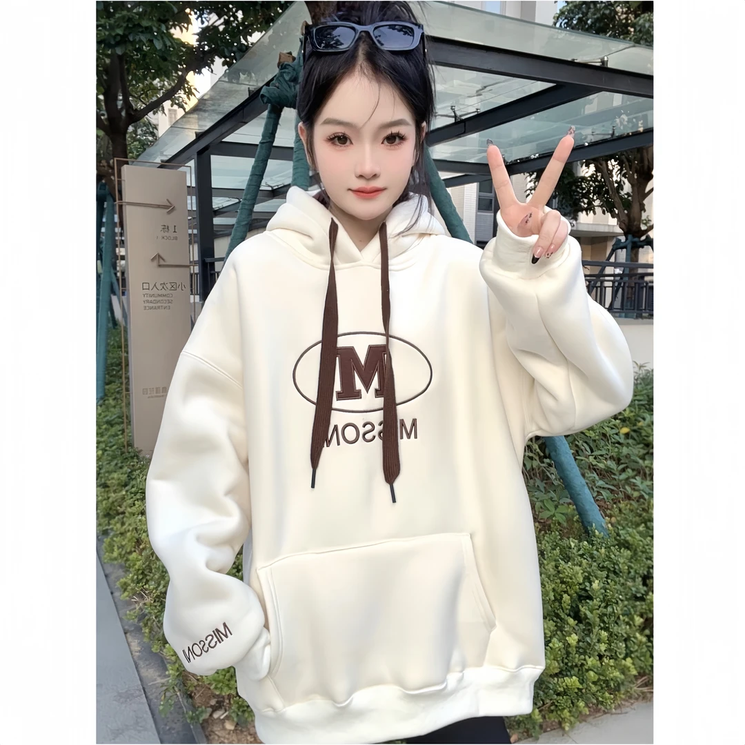 【M】加厚北极绒刺绣卫衣女2025新款连帽宽松慵懒风中长款套头上衣