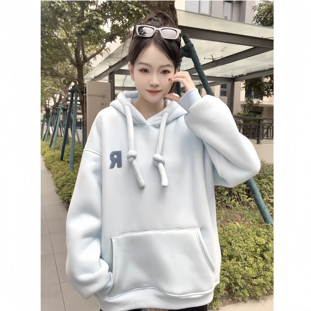 【R】加厚北极绒连帽宽松套头刺绣卫衣2025新款爆款慵懒风宽松上衣