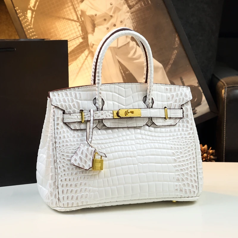 鳄鱼纹铂金包真皮女包2023新款欧美时尚牛皮大包包通勤百搭手提包