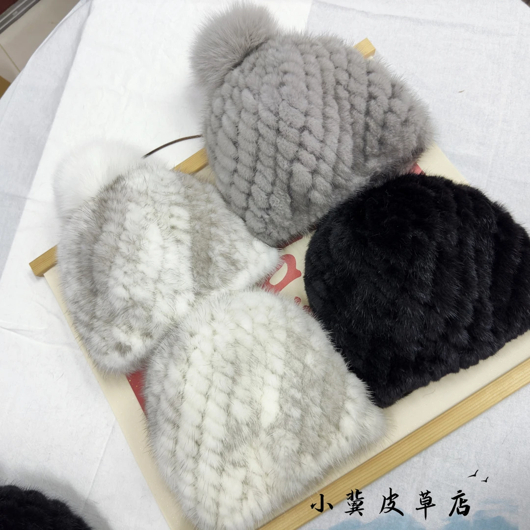 水貂帽秋冬女皮草帽子貂皮帽子貂编织狐狸毛球球毛菠萝帽百搭气质