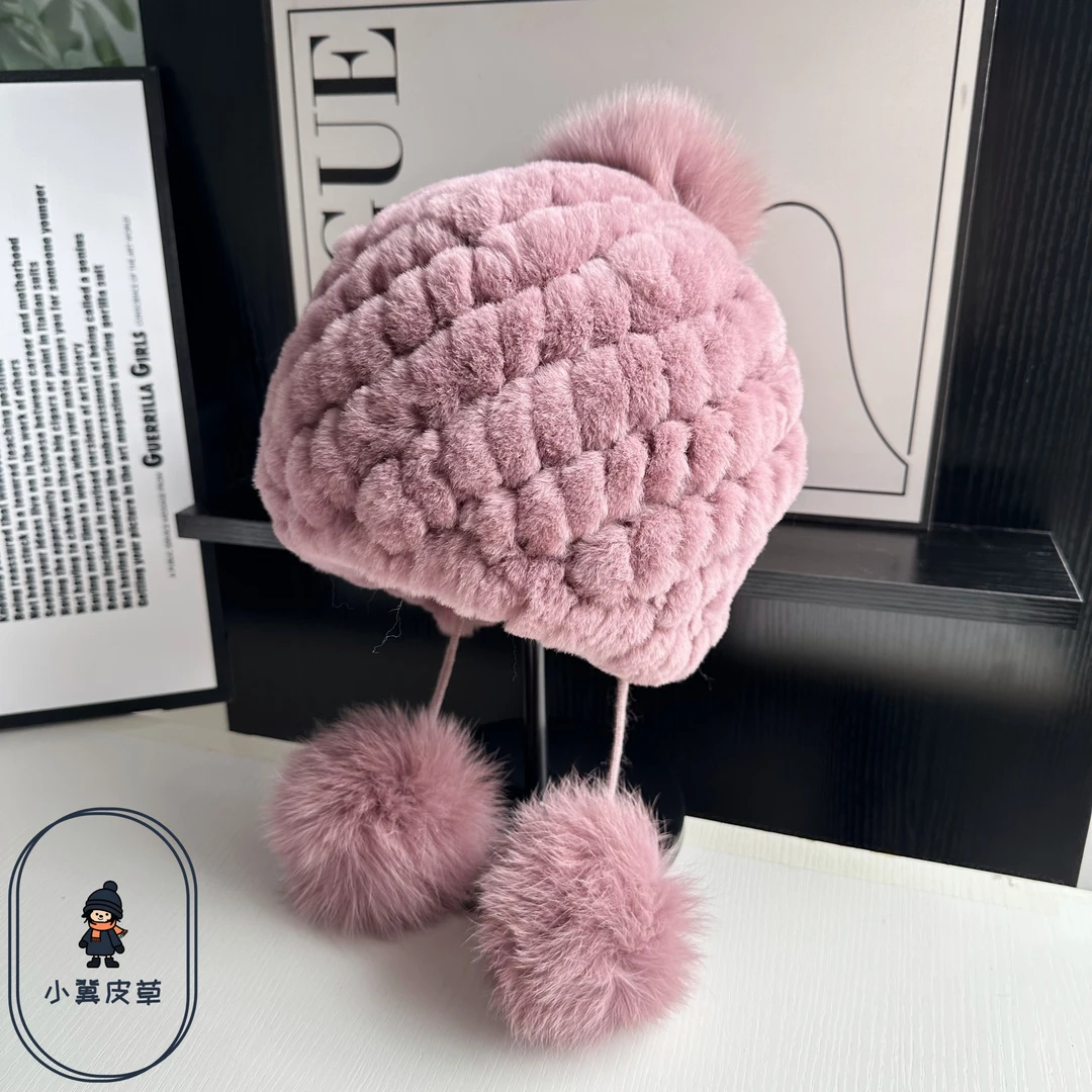 冬季皮草帽子女士獭兔毛保暖护耳帽狐狸毛球球毛毛帽子兔毛帽