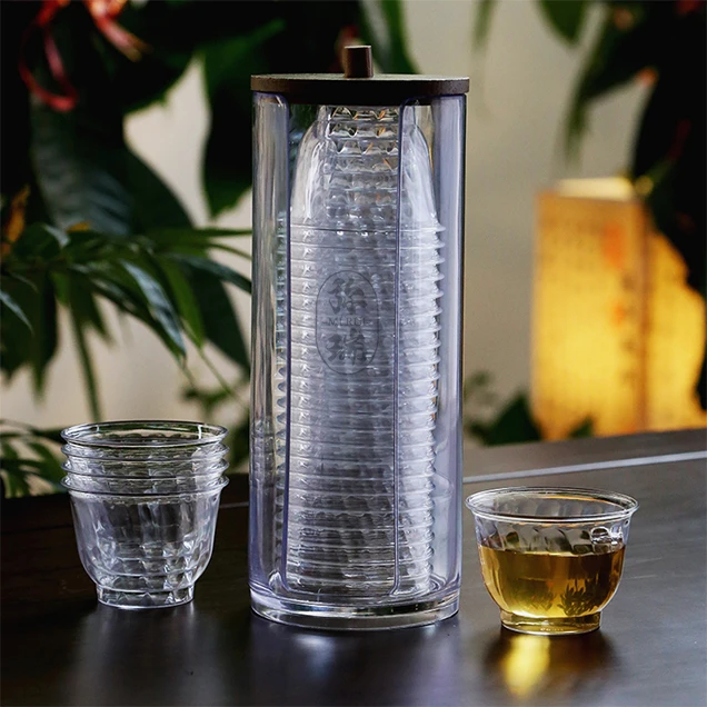 弥瑞一次性斜纹杯PS硬塑透明品茶杯办公家用便携卫生耐高温喝茶杯