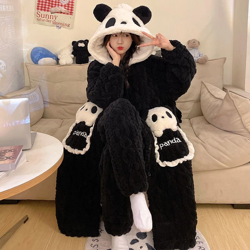 新款2024女睡袍加绒加厚冬季睡衣女法兰绒冬天连帽可爱家居服套装