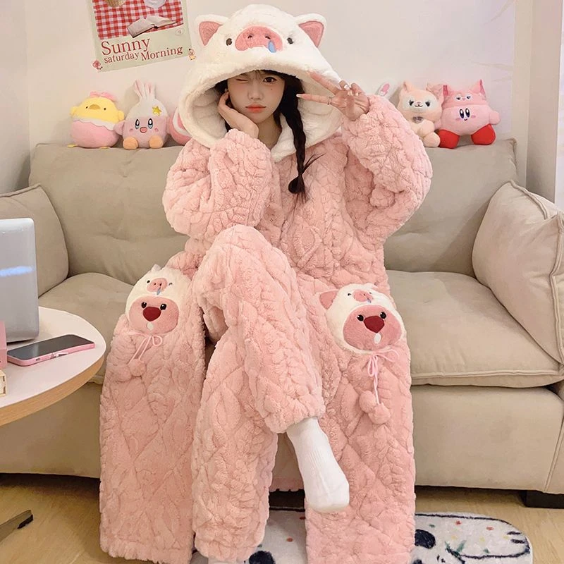 珊瑚绒连帽睡袍女款冬季三层夹棉睡衣加厚加绒保暖可爱家居服套装