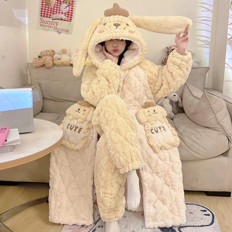 珊瑚绒睡袍冬季三层夹棉睡衣女冬款加绒加厚卡通布丁狗家居服套装