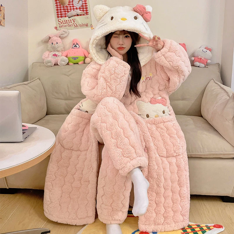 秋冬季睡衣女三层夹棉珊瑚绒睡袍加厚加绒可爱卡通保暖家居服套装